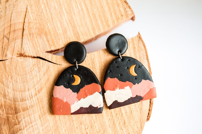 Polymer Clay Earrings Dark Night Half Moon Clay Statement Earrings