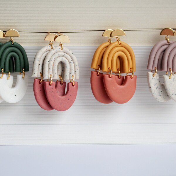 Minimalist Arch Shaped Earrings, Terracotta Mustard Green Polymer Clay Statement Modern Earrings