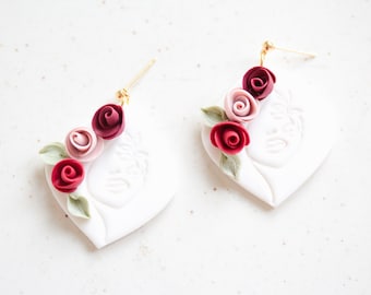 Women Face Earrings, Pink Red Rose Polymer Clay Earrings, 18k gold Plated Hexagon Statement Flower Earrings