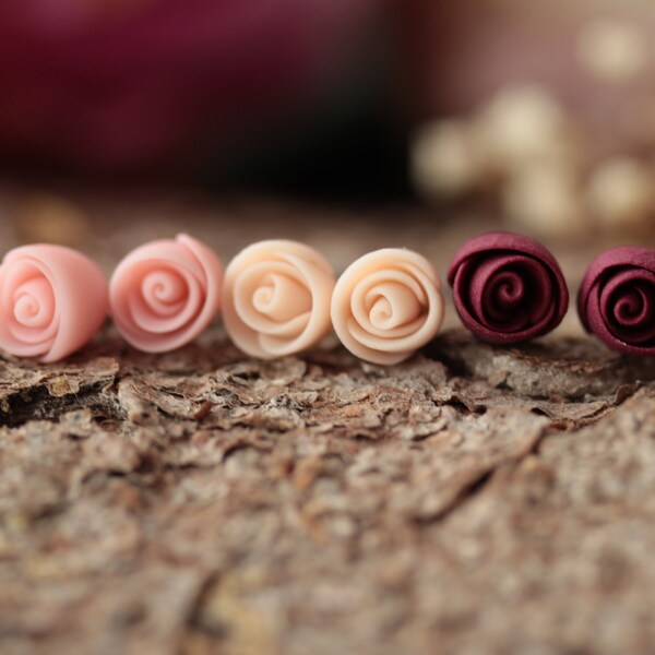 Pink rose studs, Ivory rose, dark red rose stud earrings, minimalist earrings, small tiny earrings, burgundy earrings, marsala, simple