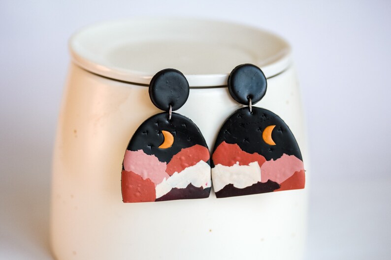 Polymer Clay Earrings Dark Night Half Moon Clay Statement Earrings