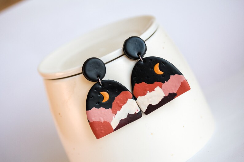 Polymer Clay Earrings Dark Night Half Moon Clay Statement Earrings