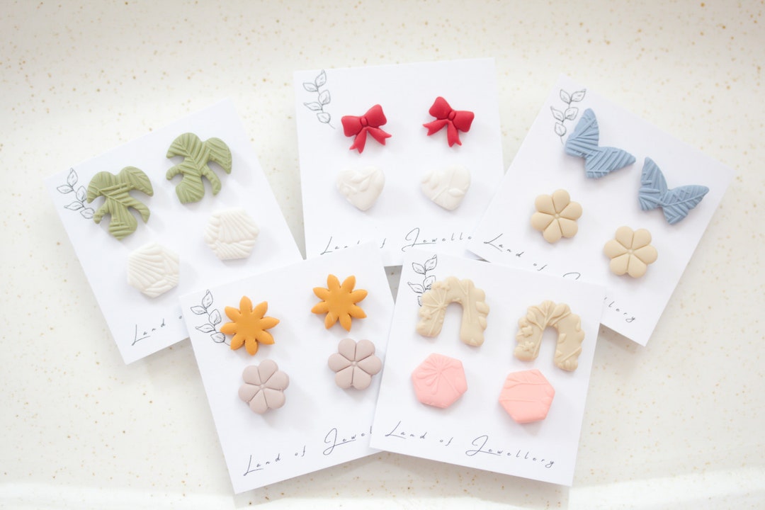Polymer Clay Stud Earrings Set, Monstera, Butterfly Clay Hypoallergenic