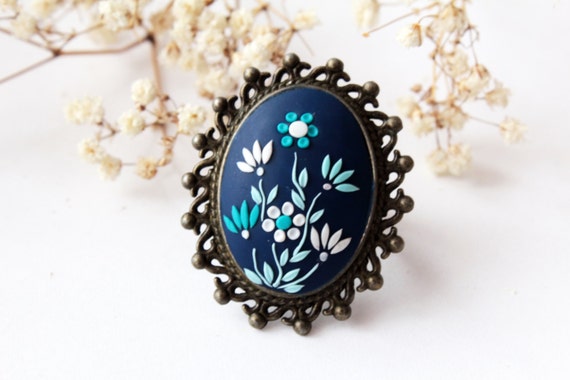 Royal blue ring navy ring embroidered ring polymer clay
