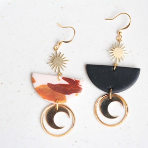 Celestial Earrings, Sun and Moon Polymer Clay Statement Earrings, 18 k Gold Plated Crescent Moon Modern Earrings