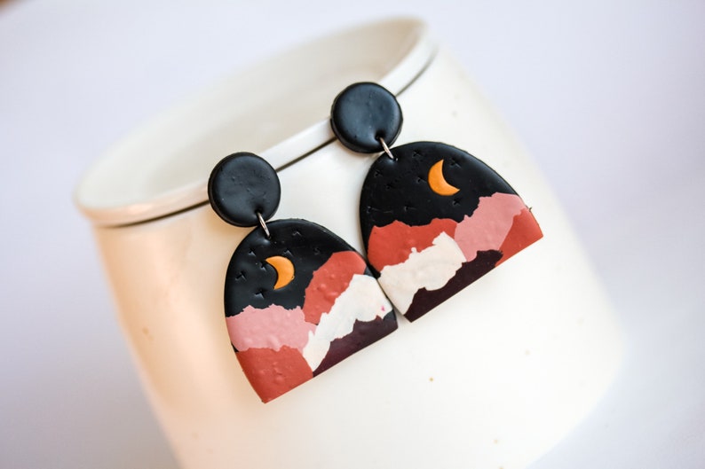 Polymer Clay Earrings Dark Night Half Moon Clay Statement Earrings