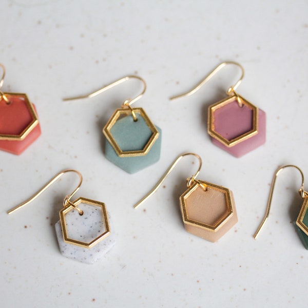 Small Hexagon Polymer Clay Statement Earrings, 14k gold over brass Minimalist Hexagon Clay Earrings, Multiple color choice earrings