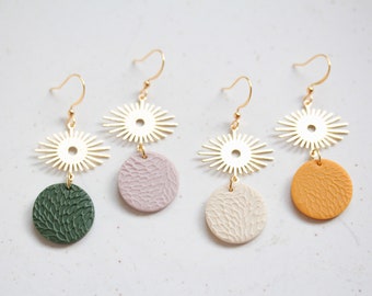 Brass Sun Mustard, Mauve, Cream or Dark Green Clay Earrings, 14k gold plated Polymer Clay Statement Earrings