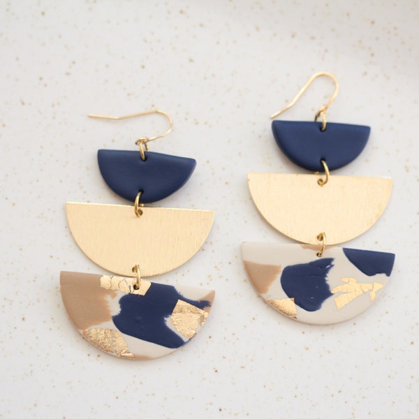 Gold and Navy Half Moon Prom Earrings, Dark Blue Aesthetic Earrings, Jewelry Gift for Best Friend