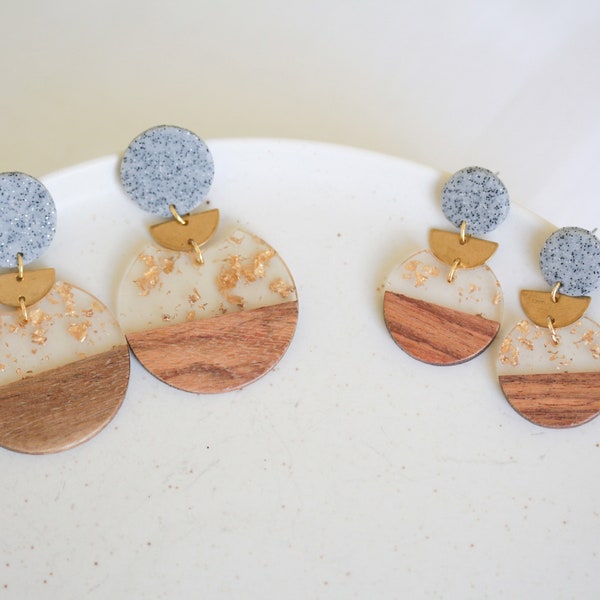 Mid Century Modern Earrings, Delicate Sparkling Resin, Wood and Clay Abstract Earrings