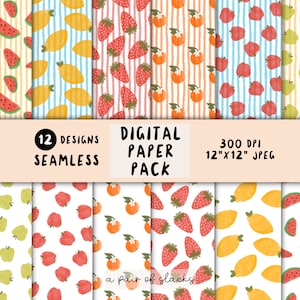Aquarel Fruit Digital Paper Pack - Watermeloen, Aardbei, Sinaasappel, Citroen, Apple Patroon Illustratie, Achtergrond, Behang, Paper Craft
