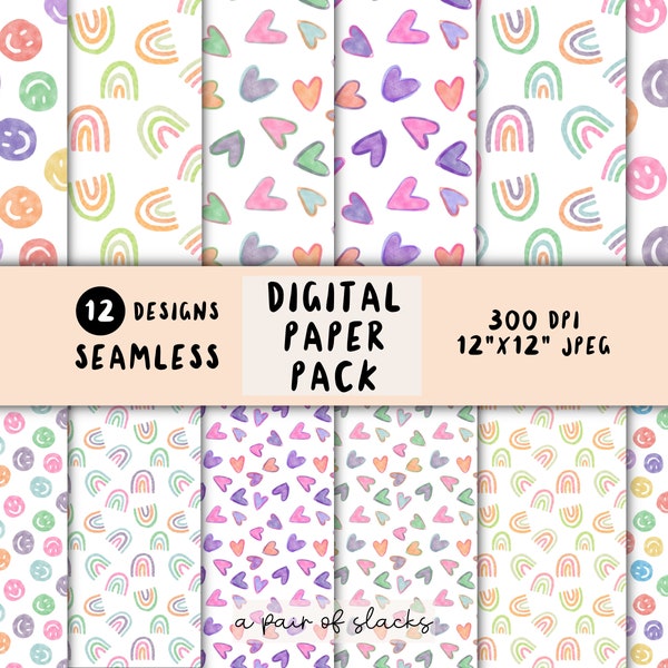 Watercolor Rainbow, Smiley Face, Heart Mix Digital Paper Pack - Watercolor seamless pattern illustration, Background, Wallpaper, Paper Craft