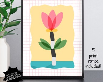 Stampa digitale di tulipani rosa - Download immediato, stampabile, illustrazione di fiori, divertente arte murale, illustrazione di tulipani