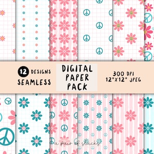 Paquet de papier numérique paix et fleurs - signe de paix, fleur hippie, modèle sans couture, papier peint, arrière-plan