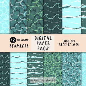 Water Pattern Mix Digital Paper Pack - Pool, Waves, Ocean Water Seamless Pattern Illustration, Wallpaper, Paper Craft, Background