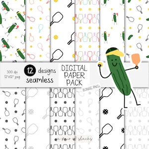 Pickleball Pals Digital Paper Pack - Pickleball Seamless Pattern, pickleball illustrations, sports patterns