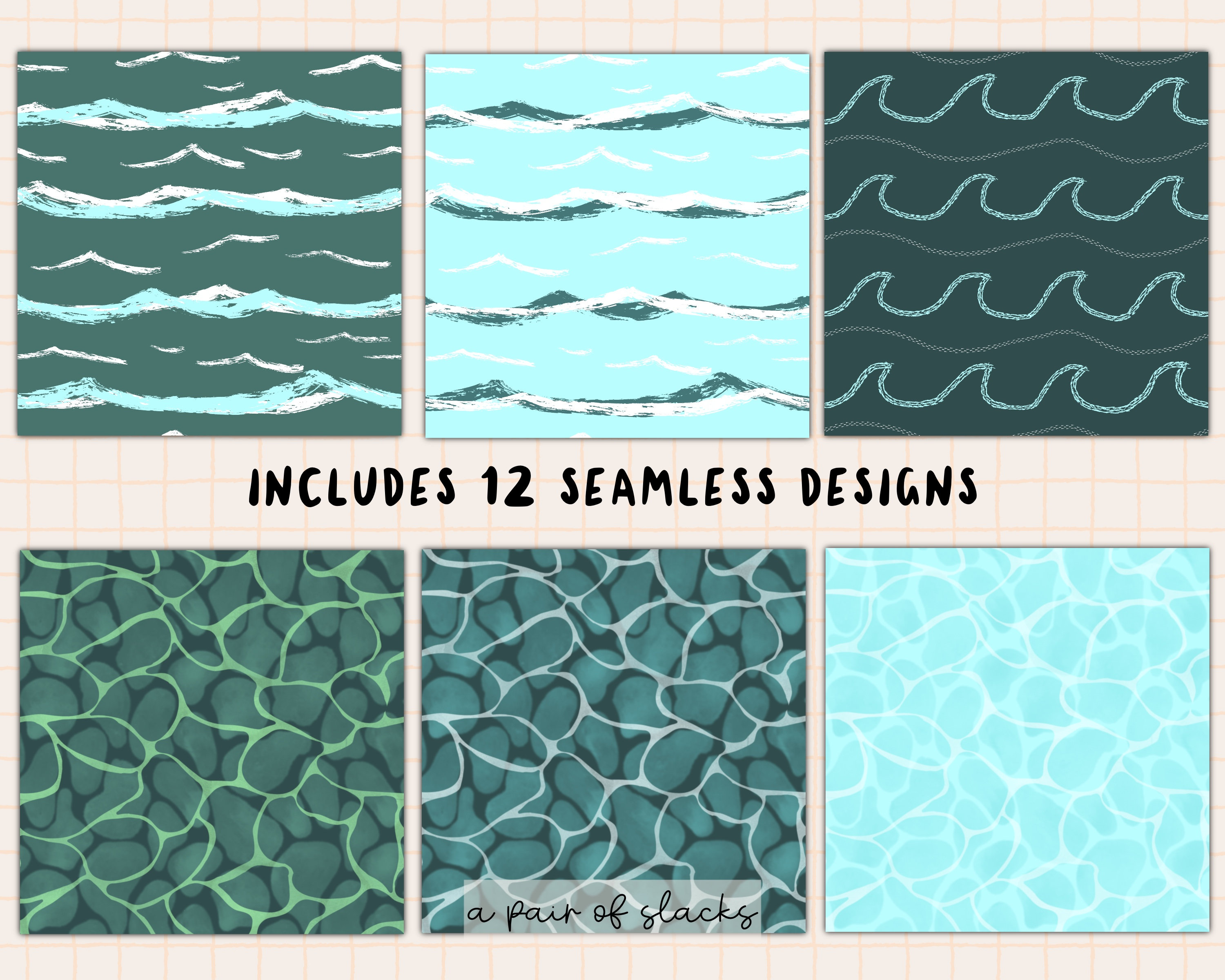 Water Pattern Mix Digital Paper Pack - Pool, Waves, Ocean Water ...
