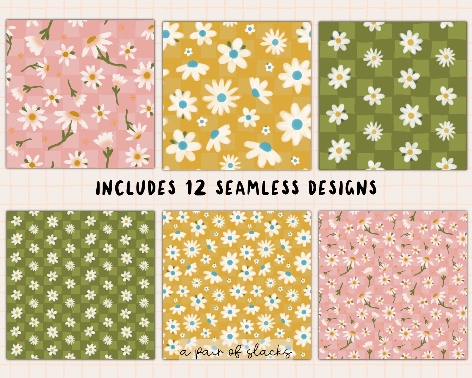 Checkerboard Daisies Digital Paper Pack - Daisy Flower Seamless Pattern ...