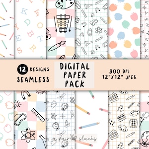 Back to School Bunte Lehrer Mix Digital Paper Pack - nahtlose Wallpaper, Wissenschaft, Geographie, Kunst, Bleistift, Apfel Hintergrund