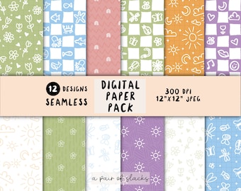 Pode incluir: Um conjunto de 12 designs de papel digital com vários padrões de rabiscos em uma variedade de cores, incluindo verde, azul, rosa, laranja, roxo e branco. Os designs são sem costura e perfeitos para projetos de artesanato, scrapbooking e design digital.