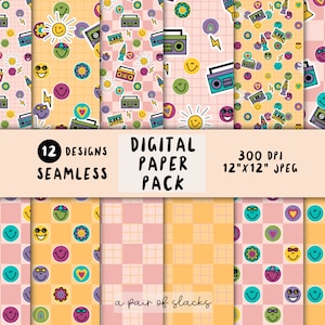 Puede incluir: Un conjunto de 12 diseños de papel digital con una estética retro de los 90, con caras sonrientes, cintas de casete e iconos de sol sobre un fondo a cuadros rosa y amarillo. Los papeles miden 30,5 cm por 30,5 cm y 300 DPI.