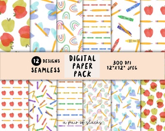 Back to School Watercolor Teacher Digital Paper Pack - Heart, Rainbow, Pencil, Crayon, Apple Illustration, Background, Paper Craft