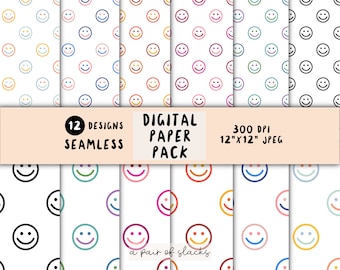 Colorful Smiley Faces Digital Paper Pack - Smiley Face Illustration, Background, Scrapbook, Wallpaper, Paper Craft
