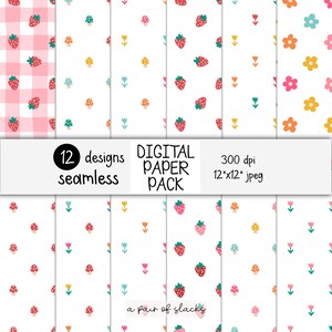 Pack de papier numérique Rainbow Garden - Fraises, champignons, tulipes, marguerites, papier peint vichy Cottagecore, arrière-plan, créations d'artisanat en papier