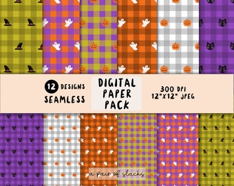 Spooky Halloween Gingham, Buffalo Check, Plaid Mix - Ghost, Pumpkin, Black Cat, Witch Hat seamless pattern illustration, background, paper