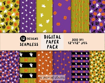 Spooky Halloween Stripes Mix - Ghost, Pumpkin, Black Cat, Witch Hat seamless pattern illustration, background, paper craft, wallpaper