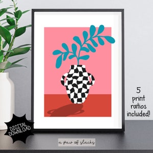 Jarrón a cuadros Impresión de arte digital moderno - Descarga instantánea imprimible, arte de pared funky, estética de patrón de moda, decoración de tablero de ajedrez