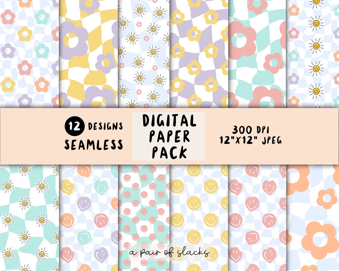 Distorted Pastel Checkerboard Digital Paper Pack - Flowers, Smiley ...