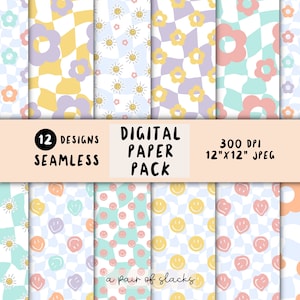 May include: Twelve digital paper designs featuring a variety of patterns in pastel colors. The patterns include flowers, smiley faces, and checkered backgrounds. The text "12 DESIGNS SEAMLESS" and "DIGITAL PAPER PACK" is displayed on a peach background. The text "300 DPI 12"X12" JPEG" is displayed on a light peach background. The text "a pair of slacks" is displayed on a light blue background.