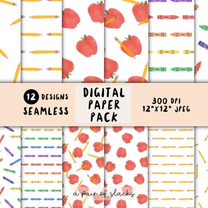 Back to School Watercolor Teacher Digital Paper Pack - Pencil, Crayon, Apple Illustration, Background, Scrapbook, Wallpaper, Paper Craft