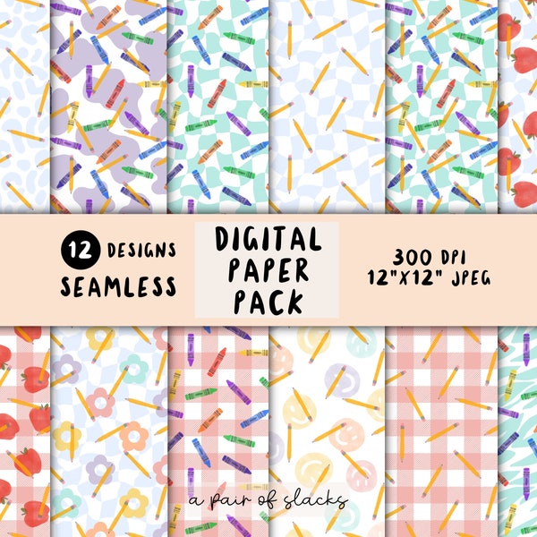 Back to School Pastel Teacher Digital Paper Pack - Pencil, Crayon, Apple Seamless Pattern Illustration, Background, Teacher Appreciation