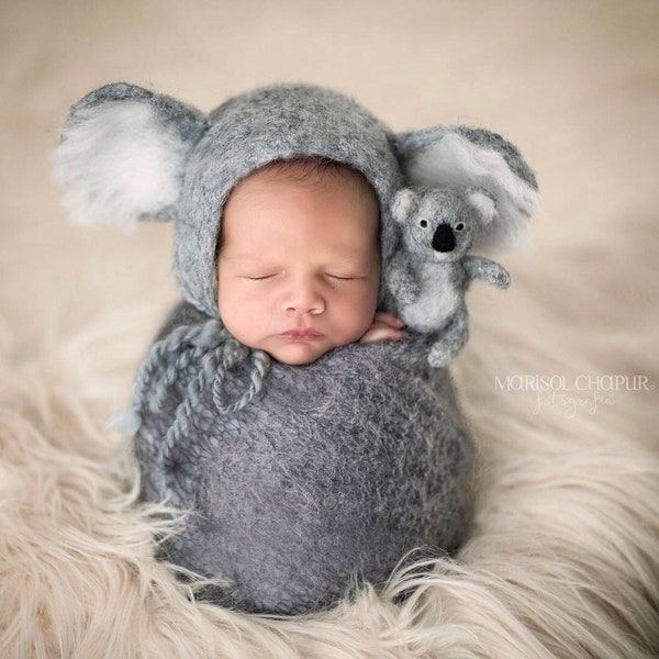Pre-order felted newborn hat koala stuffy and bonnet photography props, felted newborn koala photo prop hat whit ears