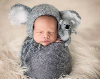 Felted newborn koala hat, stuffy and bonnet photography props, newborn koala photo prop