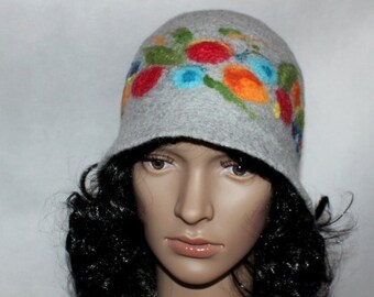 Felted Hat Cloche Wool Hat Gray Red Blue Flower, art hat, winter hat, womens felt hat, felted cloche hat, merino