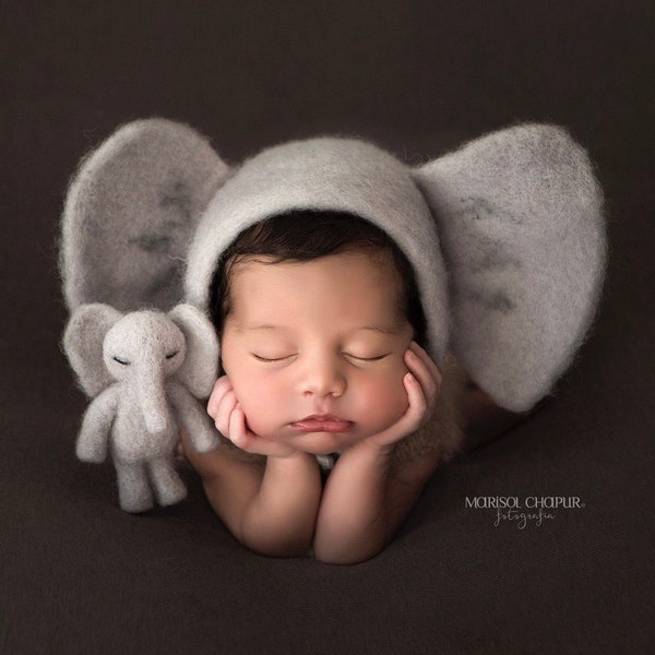 Felted elephant newborn set,  felted newborn elephant bonnet hat tail photography prop,  newborn felted props