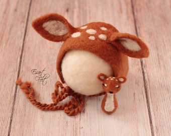 felted newborn prop hat, fawn newborn hat, deer newborn felt hat fall photo props bambi bonnet, newborn deer stuffy MADE TO ORDER