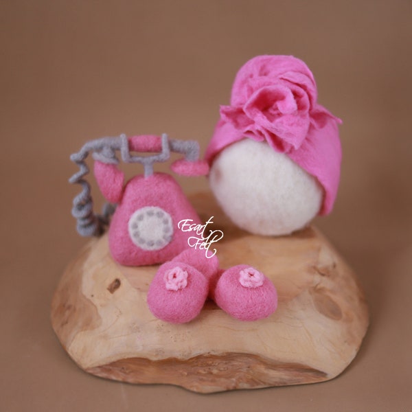 Pre-order/ Felted newborn props set, felted phone prop slippers turban,  newborn felted photography props, pink newborn prop set PREORDER