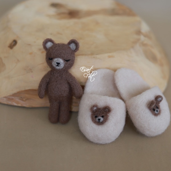 PRE-ORDER Felted newborn props, felted bear and slippers, photography props, newborn photo props, felted teddy prop