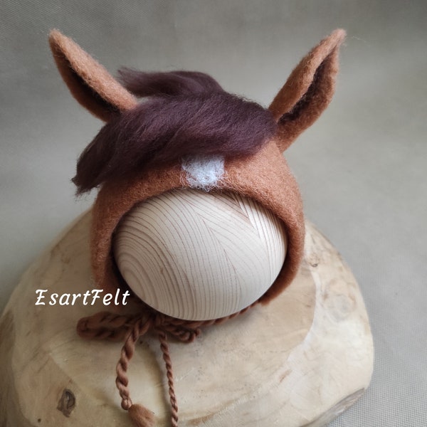 Pre-order newborn horse hat, felted horse bonnet, photography props hat, newborn hat with ears