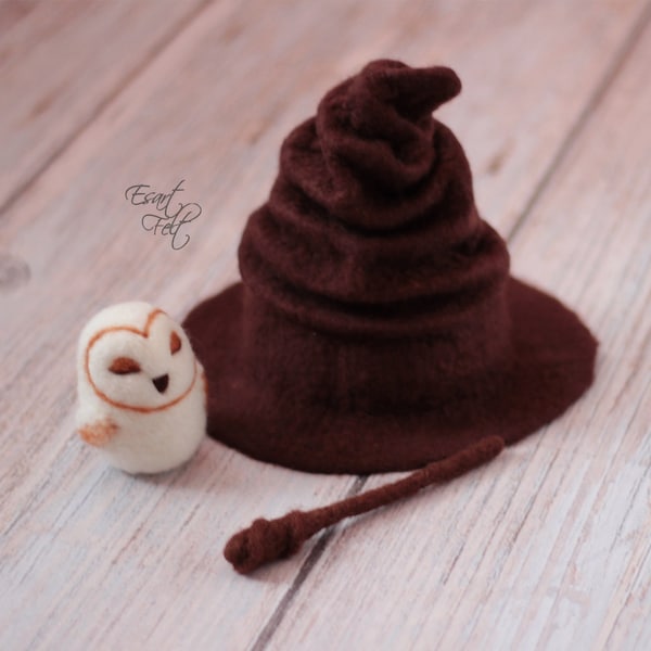 PRE-ORDER Felted wizard hat, felt newborn set owl wand photography props photo, felted newborn hat, newborn prop witch hat fantasy
