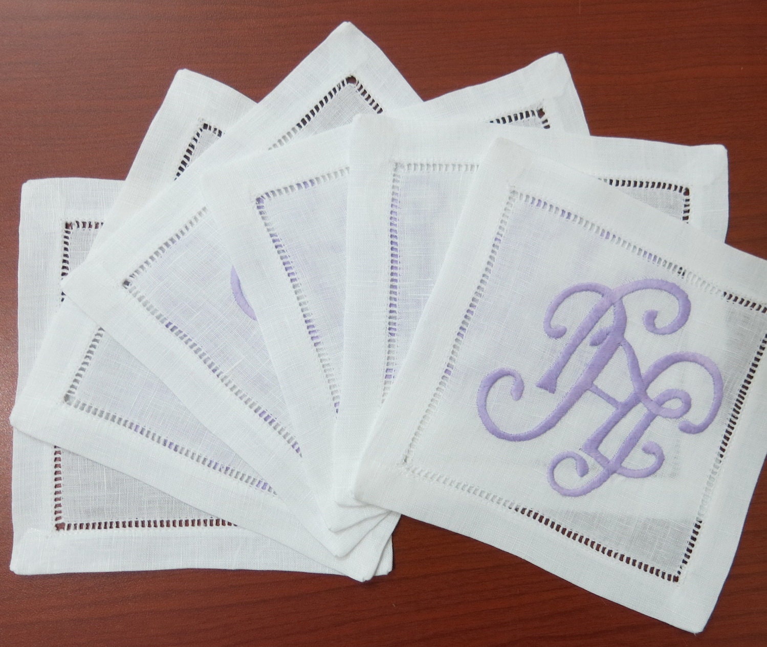 Custom listing-100 hemstitch monogrammed linen cocktail napkins in white color, 6"x6"