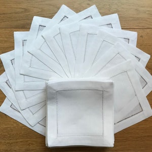 A set of 100 - White 100% linen ladder hemstitched cocktail napkins 6”x6”