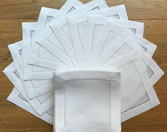 A set of 100 - White 100% linen ladder hemstitched cocktail napkins 6”x6”