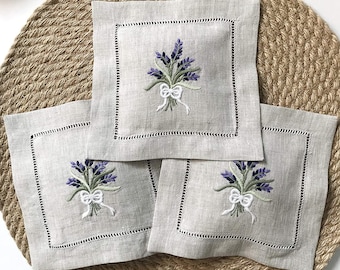 Hand Embroidered Lavender Sachet Bag Wheat Embroidery Natural Linen 6"x6", Set of 3