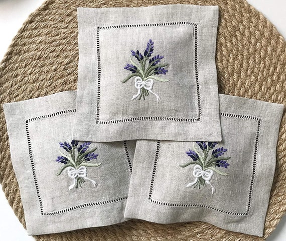 Set of 3, Hand Embroidered Lavender Sachet Bag Wheat Embroidery Natural Linen 6"x6"