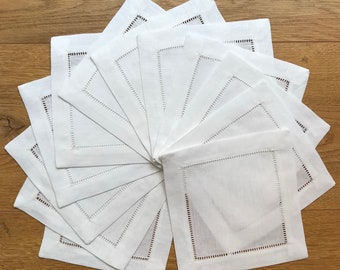 White Linen Cocktail Napkin 6&quot;x6&quot;-A Dozen Cloth Napkin Coasters-Ladder Hemstitch 100% Linen Beverage Party Napkin Coasters